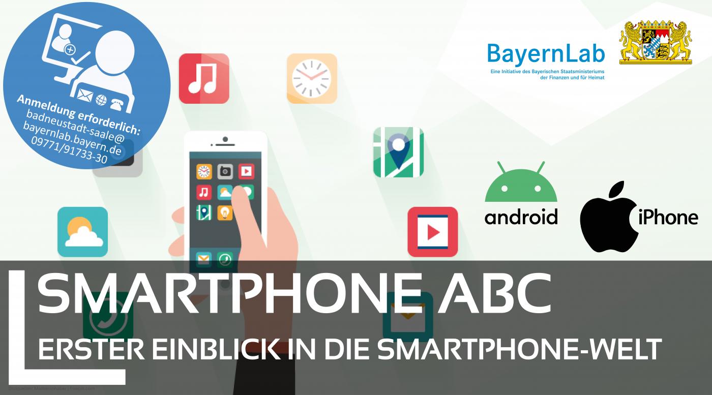 Titel: Smartphone ABC, Hand in der Smartphone gehalten wird. Icons der unterschiedlichen Funktionen schwirrt um das Smartphone herum. Android und Iphone Symbol, BayernLab Logo
