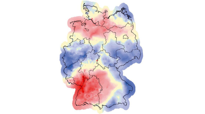 Karte Deutschlands mit farblicher Kennzeichnung der Höhendifferenzen zwischen Höhenbezugssystem DHHN92 und DHHN2016